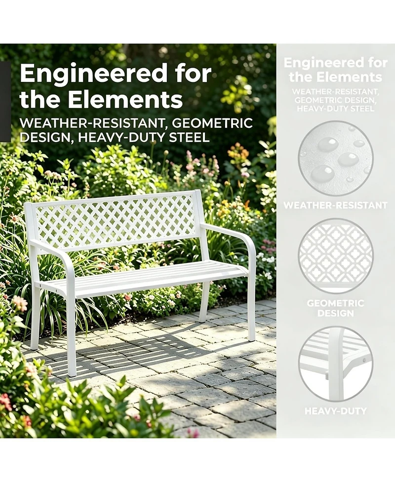 gaomon Outdoor Metal Garden Bench for 2 Person, Heavy Duty Steel Patio Bench, Weather Resistant Black Porch Seating with Geometric Backrest