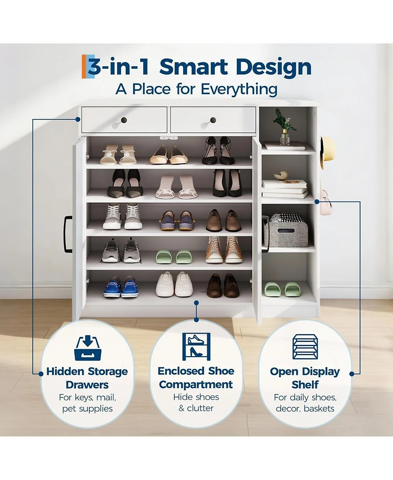 homfan Shoe Cabinet for Entryway with Doors, Hooks and 3 Open Racks - 4 Adjustable Shelves Storage Organizer for Hallway and Living Room