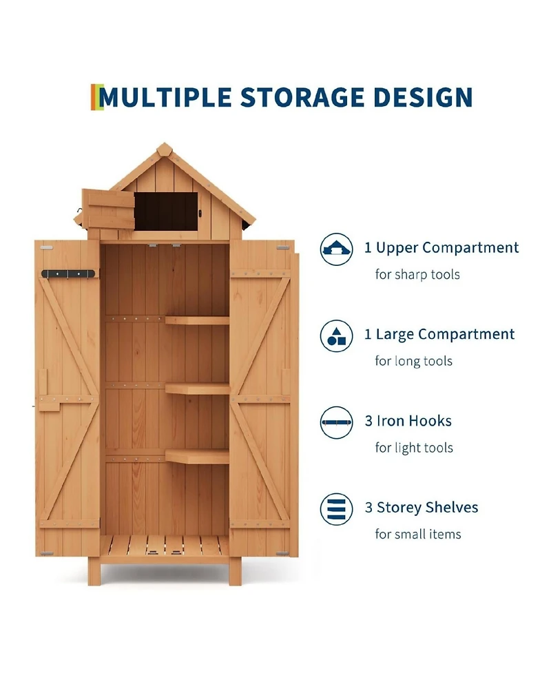 Small Natural Wood Garden Tool Storage Shed With Shelves Lockable Doors Roof Storage Compact Cabinet For Patios Backyards And Balconies