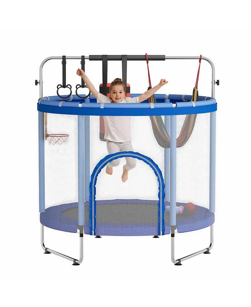 gaomon 60" Kids Trampoline with Safety Enclosure Net and Adjustable Gymnastics Bar - Multi-Toy Set and 440lbs Capacity