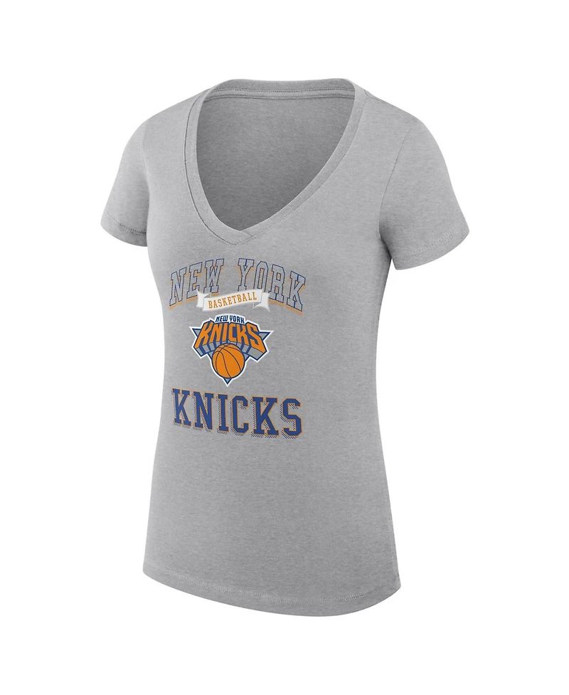 G-iii 4Her by Carl Banks Women's Heather Gray New York Knicks Super-Slim Fit Lightweight Team Logo V-Neck T-Shirt