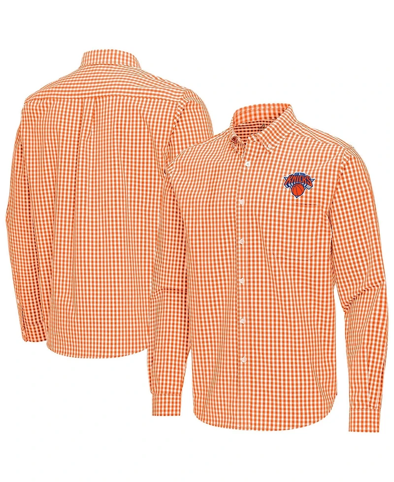 Antigua Men's Orange New York Knicks Ellis Woven Tri-Blend Button-Down Shirt