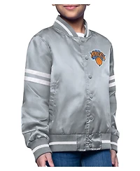 Starter Big Boys and Girls Gray New York Knicks Printed Logo Varsity Satin Full-Snap Jacket