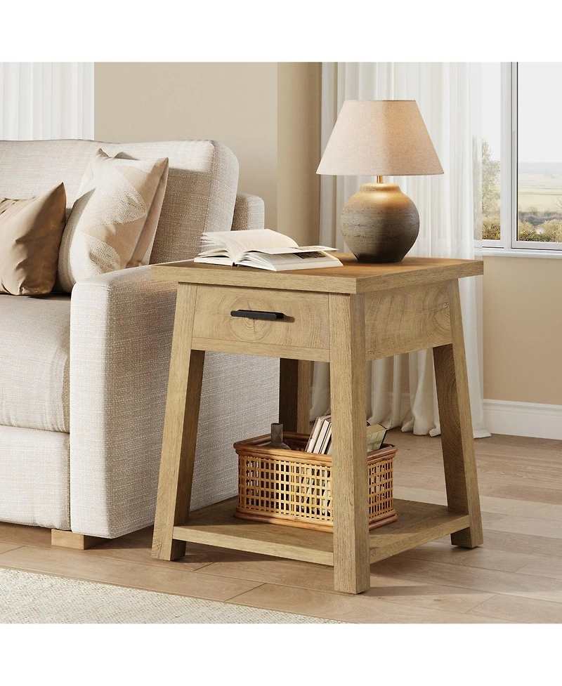 Slickblue 2 Tier Wood End Table with Drawer and Open Storage Shelf