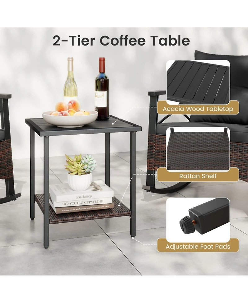 Sugift Rocking Bistro Set Pe Rattan Rocker Chairs with Acacia Wood Top Table