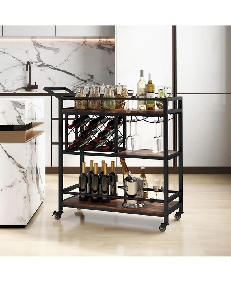 Gouun 3-Tier Bar Cart on Wheels with Wine Rack and Stemware Holder
