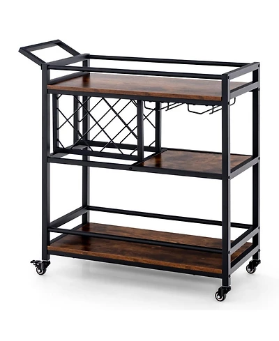 Gouun 3-Tier Bar Cart on Wheels with Wine Rack and Stemware Holder