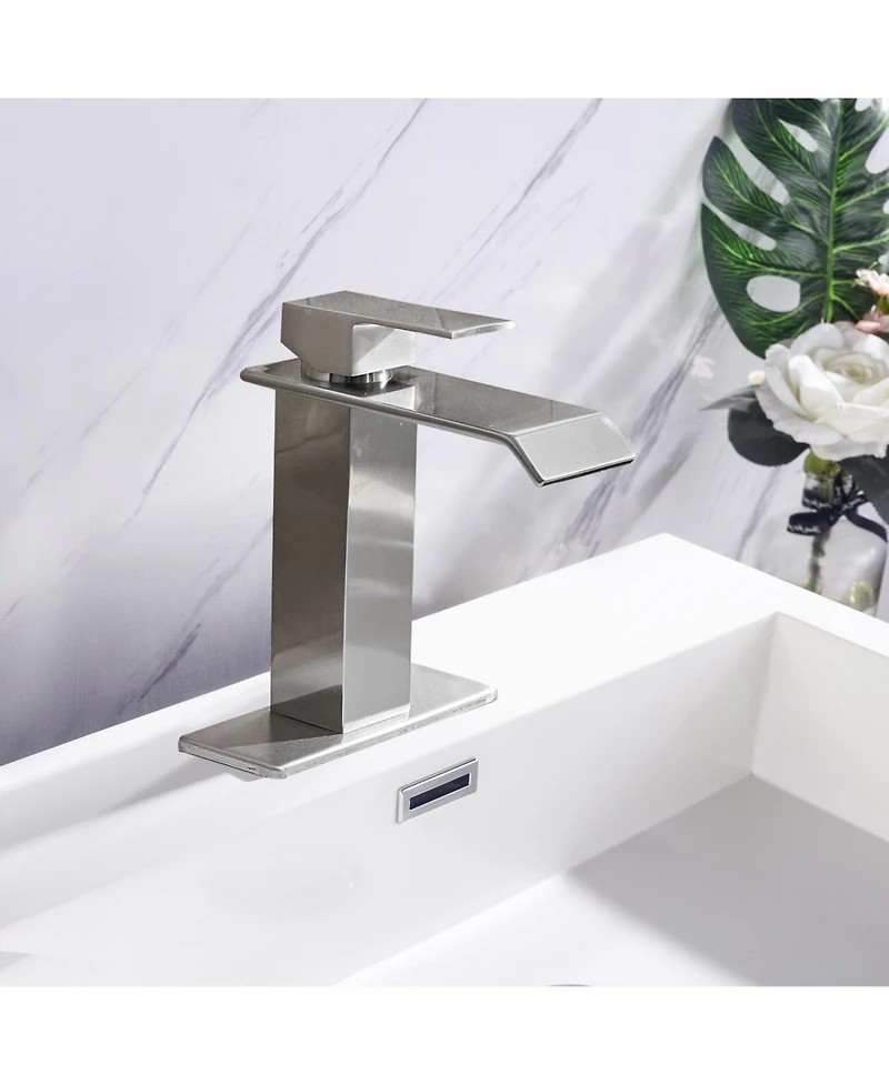 Phying Waterfall Spout Bathroom Sink Single Handle Faucet with Pop-Up Drain