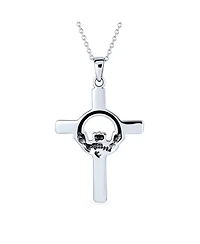 Bling Jewelry Celtic Claddagh Cross Pendant Necklace Trinity Love Knot Oxidized .925 Sterling Silver