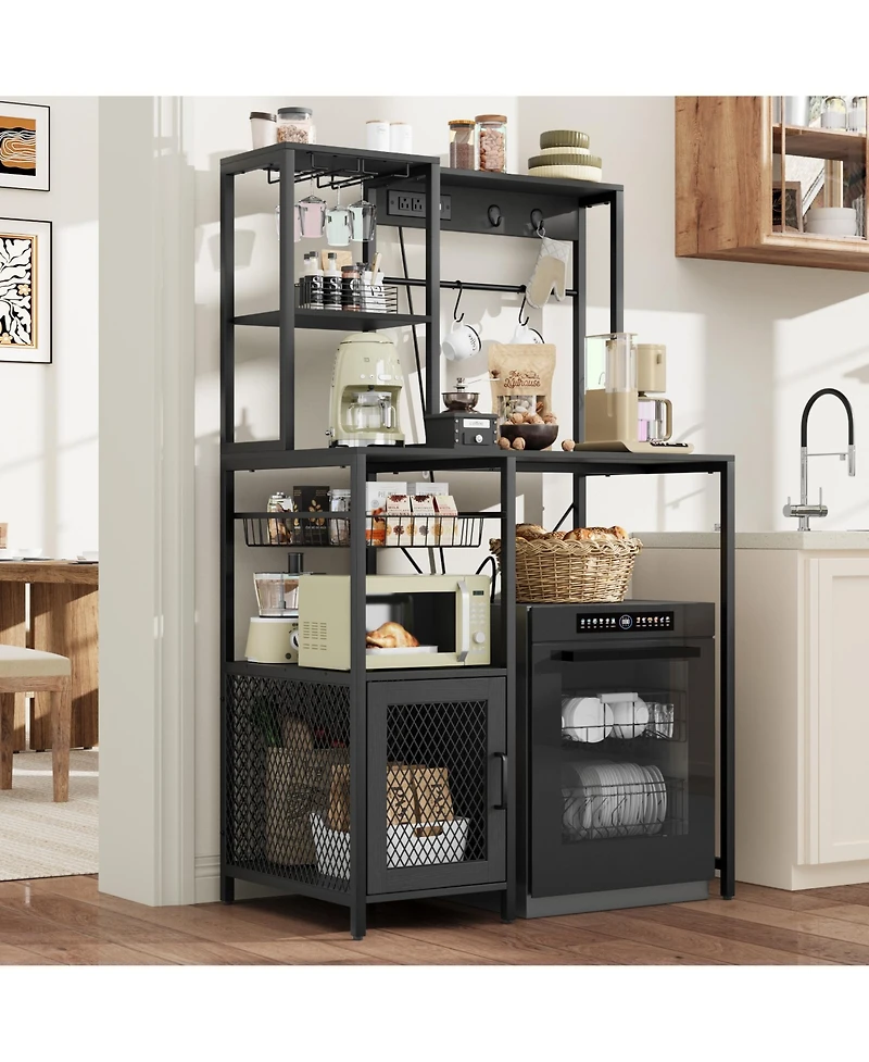 homfan Industrial Freestanding Kitchen Shelf, Bakers Rack with Refrigerator Compartment and Power Outlet, Microwave Station for Pantry Living Room