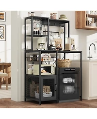 homfan Industrial Freestanding Kitchen Shelf, Bakers Rack with Refrigerator Compartment and Power Outlet, Microwave Station for Pantry Living Room