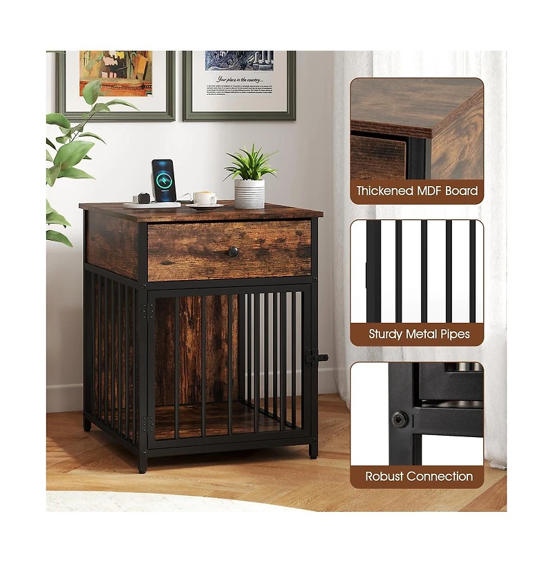 Ruie Wooden Dog Crate Side Table with Storage Drawer and Usb Charging Station