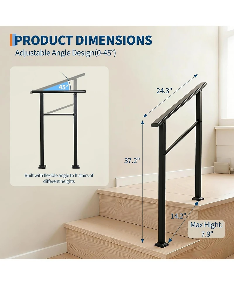 gaomon 2-Step Outdoor Stair Handrail Kit Aluminum and Iron Construction Adjustable Angle Easy Diy Installation with All Hardware
