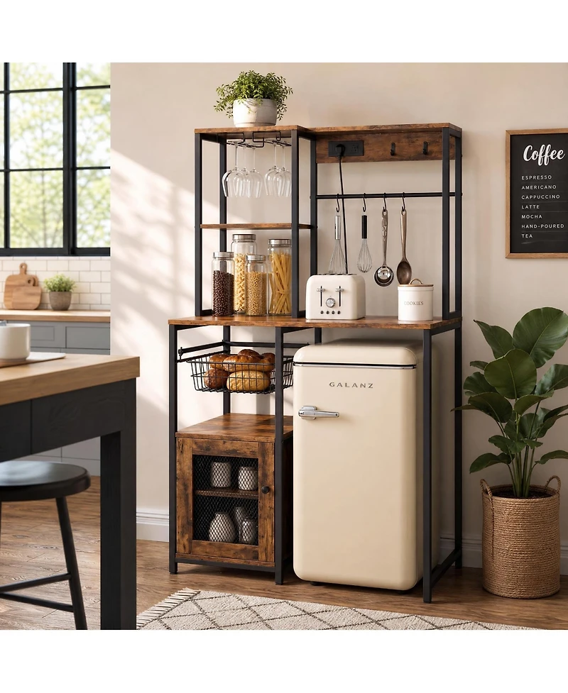 homfan Industrial Freestanding Kitchen Shelf, Bakers Rack with Refrigerator Compartment and Power Outlet, Microwave Station for Pantry and Living Room