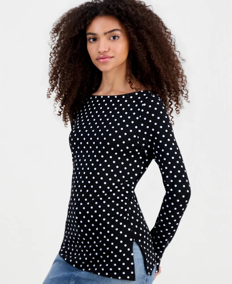 Madden Girl Juniors' Printed Boat Neck Long Sleeve Top