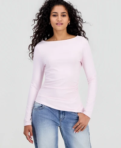 Madden Girl Juniors' Ruched Boat Neck Long Sleeve Top