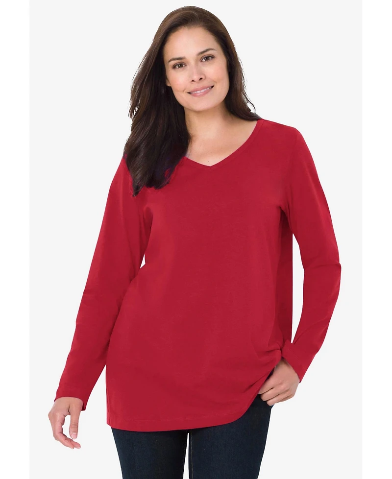 Woman Within Plus Size Perfect Printed Long-Sleeve V-Neck Tee