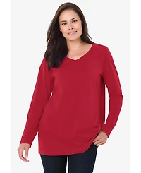 Woman Within Plus Size Perfect Printed Long-Sleeve V-Neck Tee