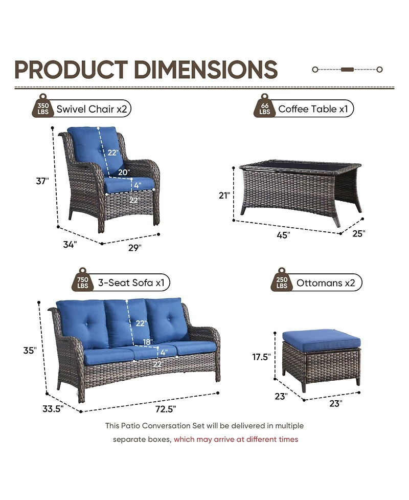 Pocassy 6 Pieces Outdoor Patio Furniture Set Wicker Sectional Sofa with 2 Chairs,Ottomans,Coffee Table
