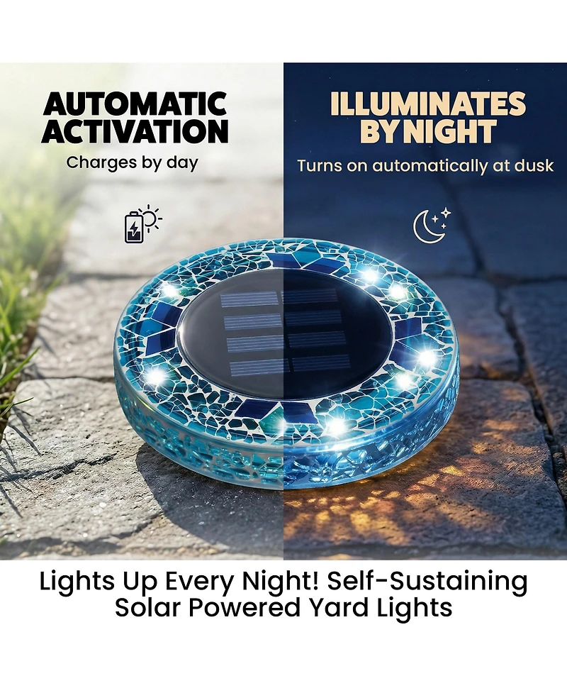 Mosaic Disk Lights Solar Powered 6 Led Weather Resistance Path 8-Piece