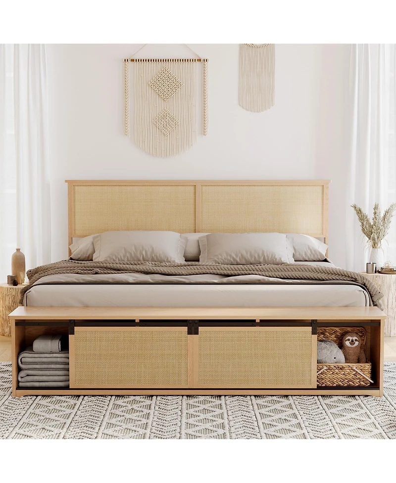 homfan Rattan Platform Bed with Sliding Barn Door Storage Cabinets, Led Headboard, Boho Farmhouse Design, Wooden Leg Support