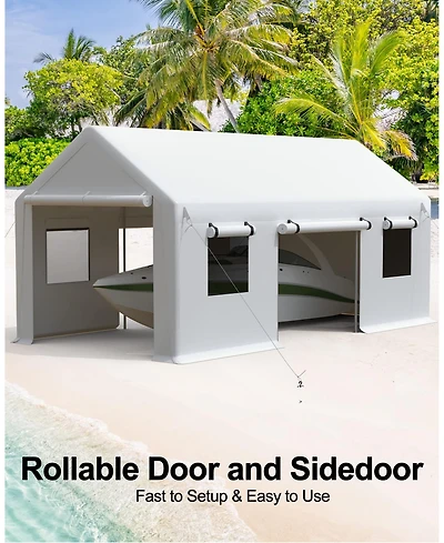 Heavy Duty Portable Carport Canopy - Waterproof Cover, Windows, Roll-Up Side Doors