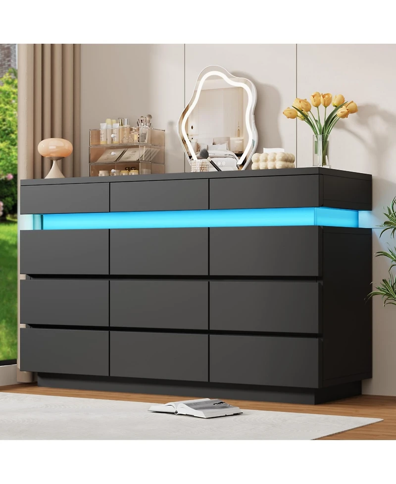 gaomon 59" 12 Drawer Dresser with Led Lights, Wooden Storage Cabinet, Handle-Free, Anti-Tipping, for Bedroom
