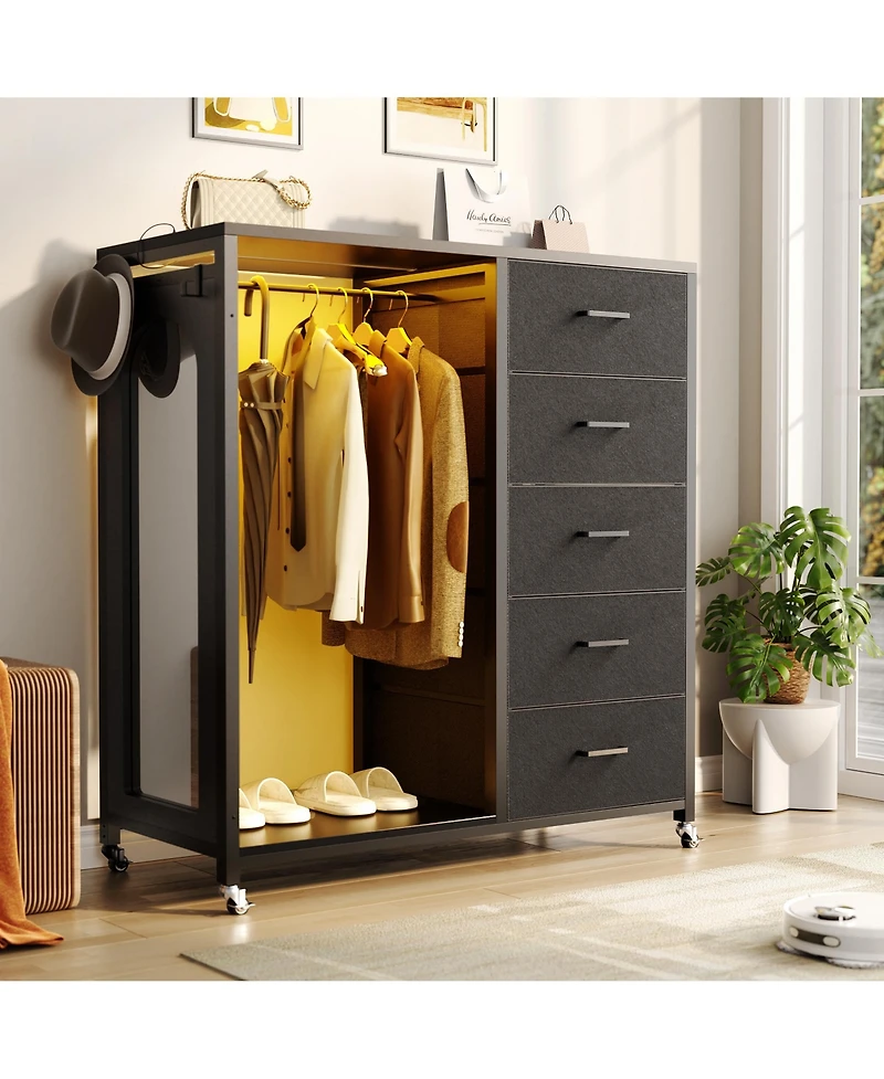 Aheaplus 45-Inch Rolling Dresser with Mirror, Closet Organizer 5 Fabric Drawers and Charging Station