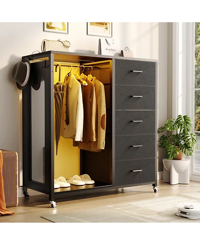 Aheaplus 45-Inch Rolling Dresser with Mirror, Closet Organizer 5 Fabric Drawers and Charging Station