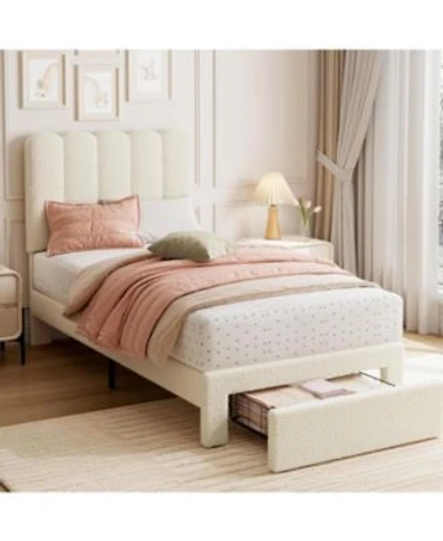 Homfan Twin Bed Frame With Under Bed Drawer Boucle Upholstered Platform Bed With Wave Headboard For Kids Girls Wooden Slats Support