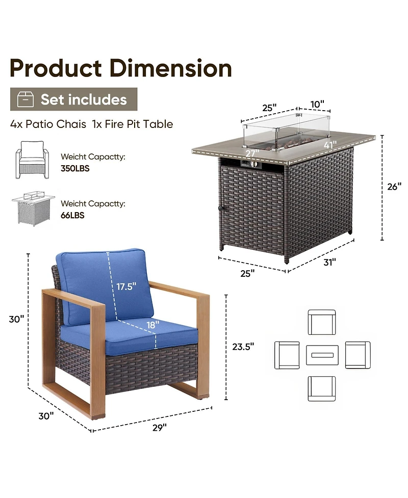 Pocassy Patio Resin Wicker Furniture Set with Fire Pit Table, Pe Rattan Swivel Chairs Propane Table,5PCS Conversation