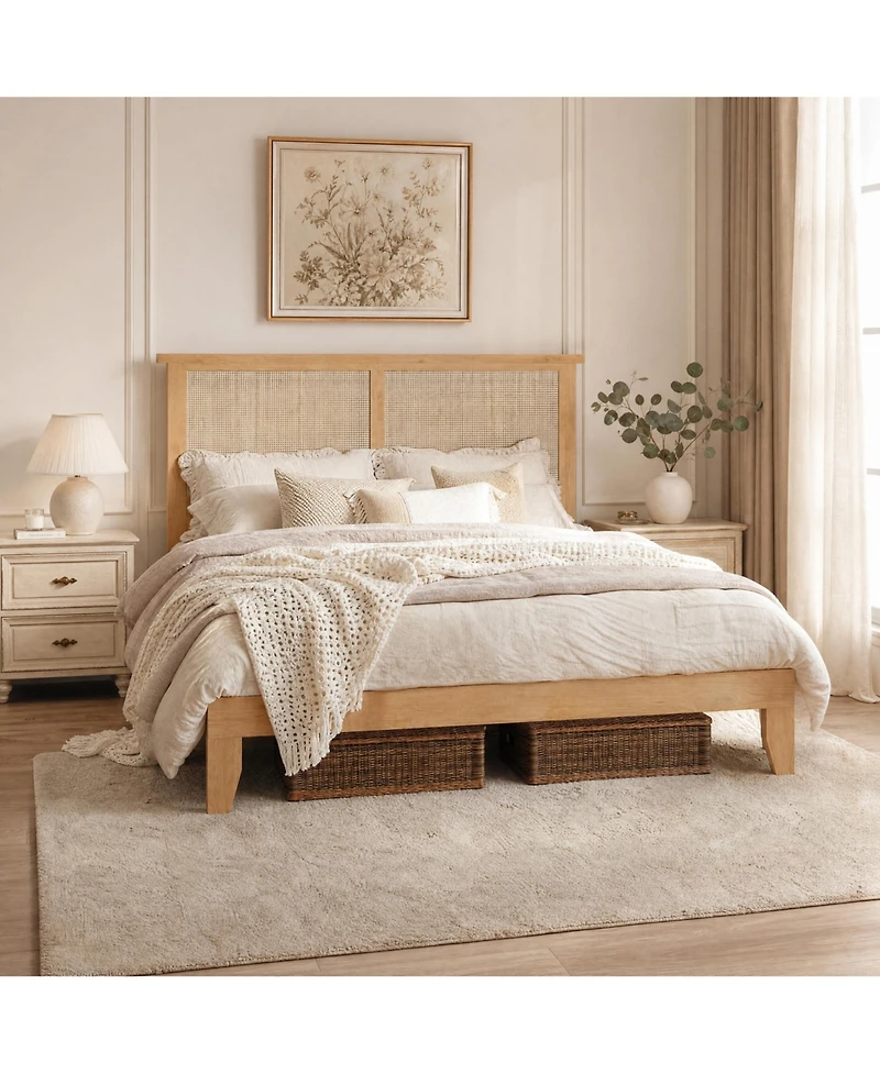 Homfan Bed Frame with Rattan Headboard, Platform Bed Frame with Led Lights