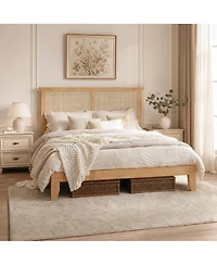 Homfan Bed Frame with Rattan Headboard, Platform Bed Frame with Led Lights
