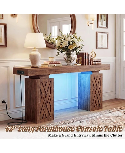 Aheaplus 63" Entry Table with Charging Station, Console Rgb Led Light