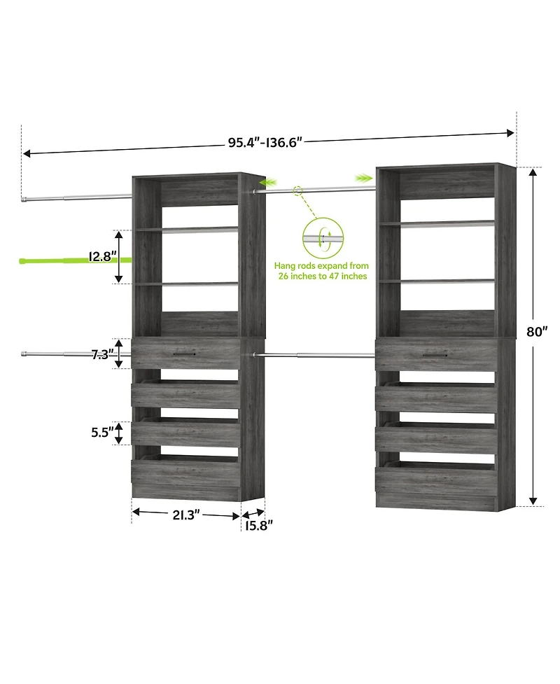 Aheaplus Closet System with 8 Wooden Drawers and 4 Hanging Rods, Organizer