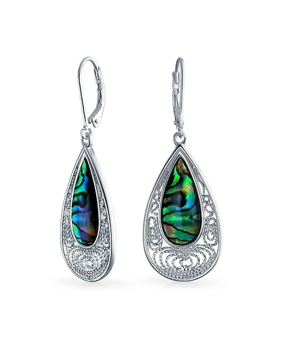 Bling Jewelry Bali Style Filigree Large Iridescent Abalone Shell Teardrop Earrings .925 Sterling Silver Leverback