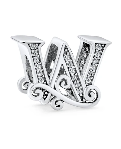 Bling Jewelry Initial Alphabet Bead Charm Fancy Scroll Cz Block Letter W for Bracelet .925 Sterling Silver