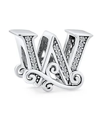 Bling Jewelry Initial Alphabet Bead Charm Fancy Scroll Cz Block Letter W for Bracelet .925 Sterling Silver