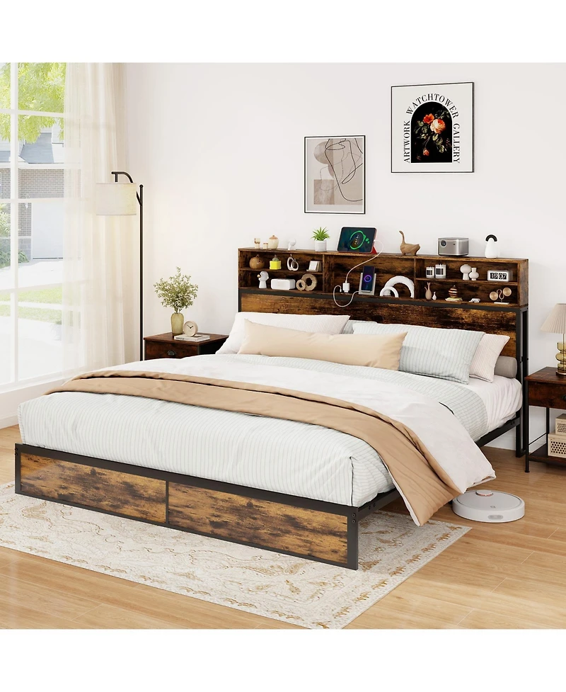 Slickblue Modern Metal Platform Bed with Storage Headboard for Bedroom