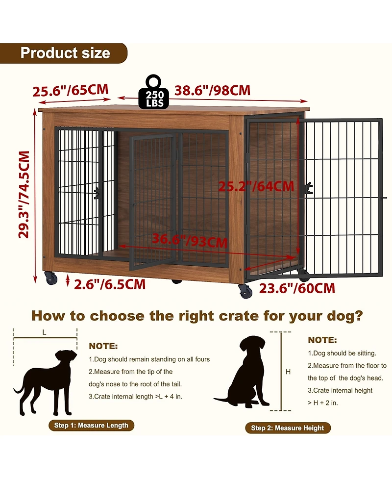 Streamdale Furniture 38.6" Wooden Dog Crate Furniture with Wheels and Double Doors