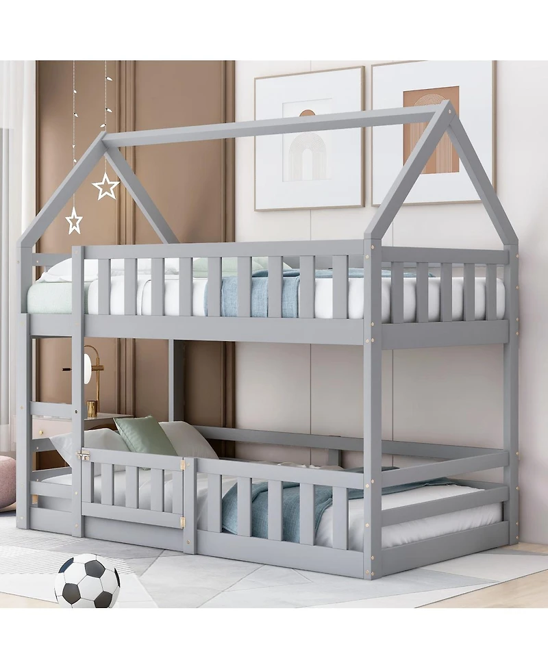 Streamdale Furniture Twin over Twin House Bunk Bed with Fence and Door