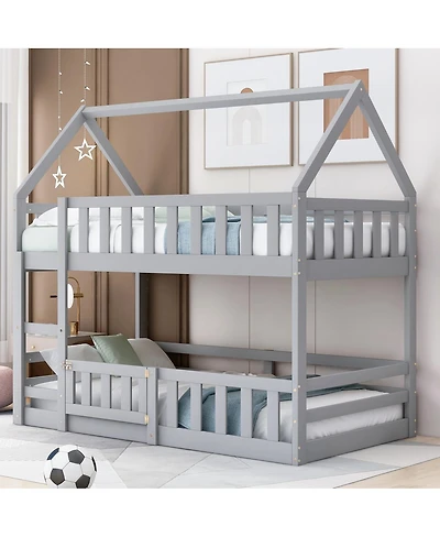Streamdale Furniture Twin over Twin House Bunk Bed with Fence and Door