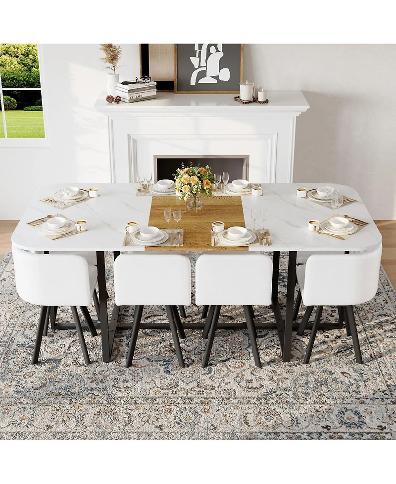 Streamdale Furniture 9 Piece Square Faux Marble Dining Set with 8 Faux Leather Chairs