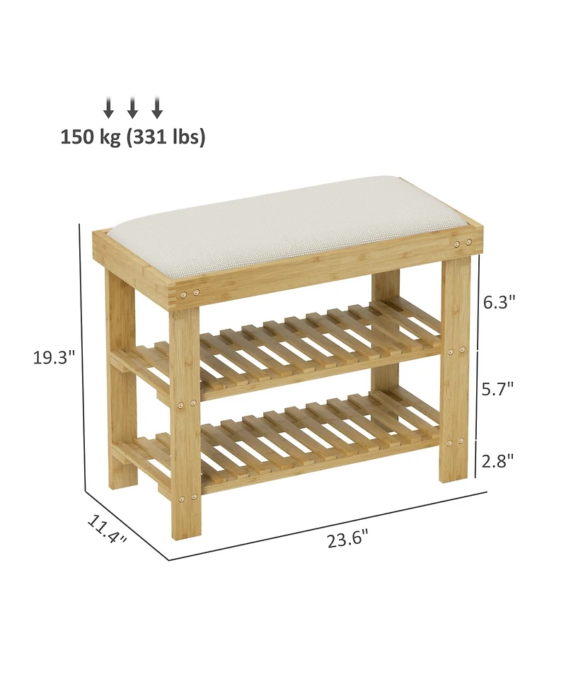 Homcom Bamboo Shoe Bench, Entryway Bench with Storage and Cushion
