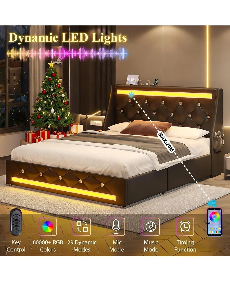 Streamdale Furniture Upholstered Bed with Storage, Led, Charging, No Box Spring