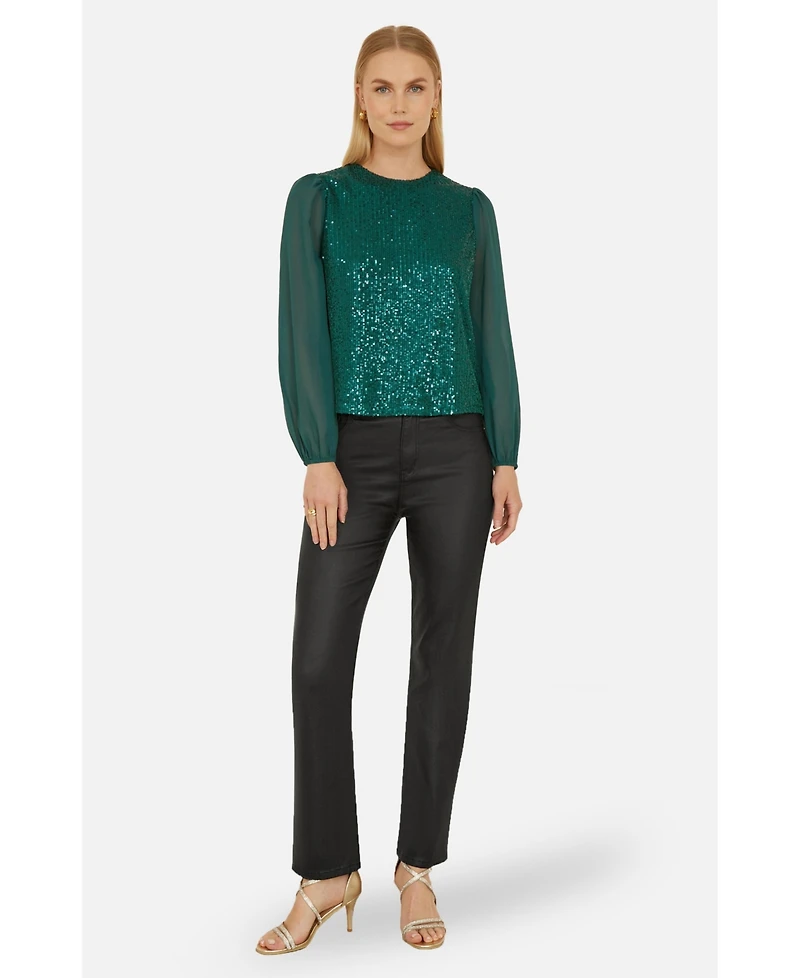 Yumi Women's Sheer Sleeve Sequin Top
