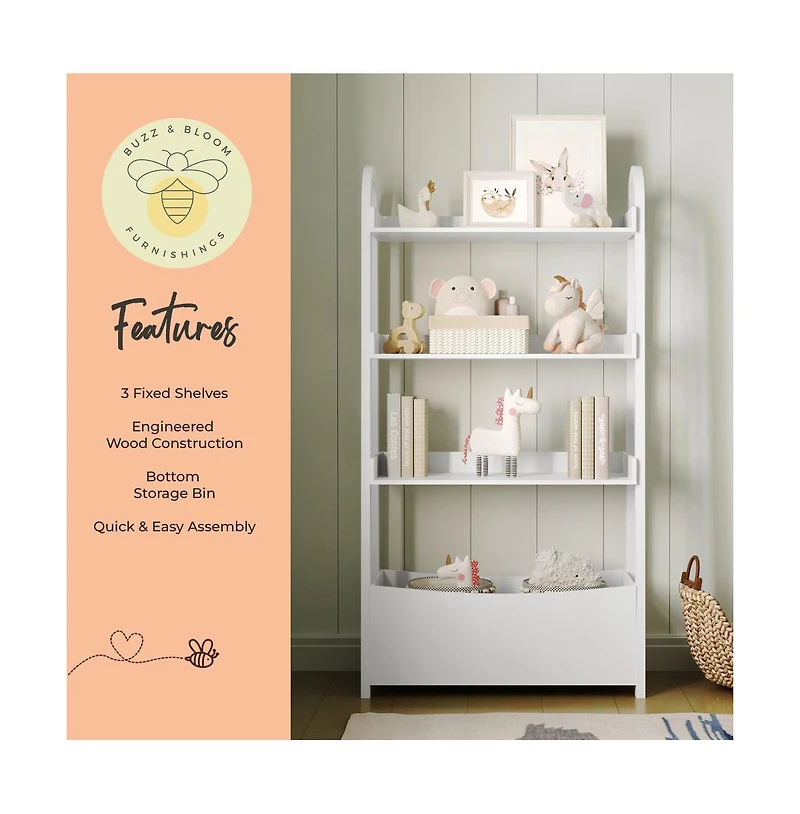 Buzz & Bloom Kids Open-Style Wood Bookshelf with 3 Shelves and Bottom Storage Bin