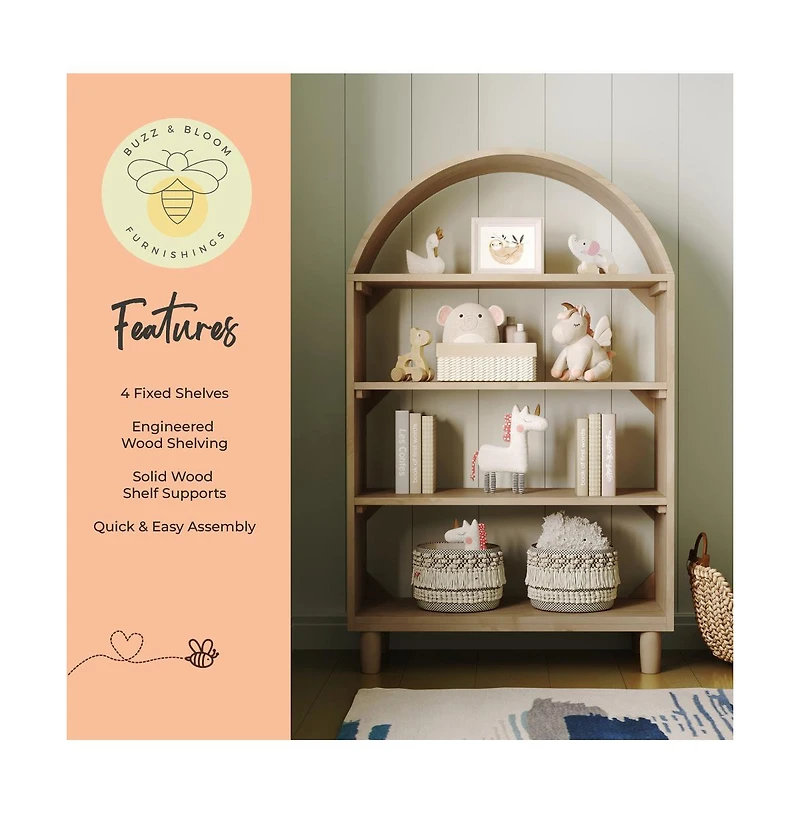 Wood Open Bookshelf with Covered Rounded Top, 4 Shelves, and Cylindrical Legs