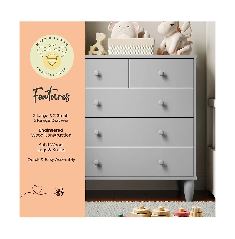 Large Kids 5-Drawer Wood Dresser Chest for Bedrooms