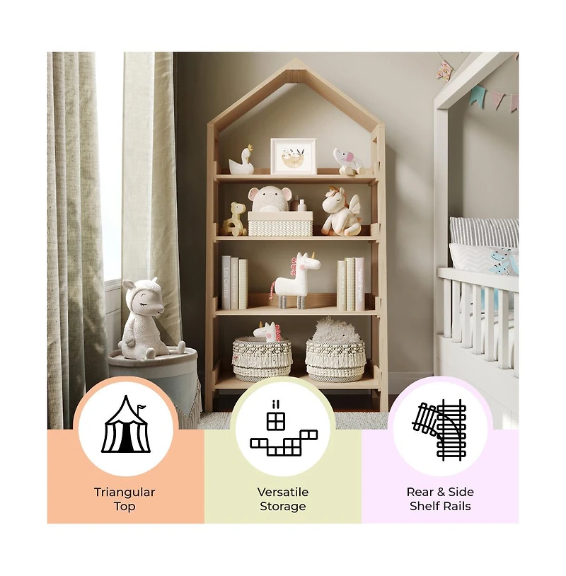 Buzz & Bloom Wood Open Bookshelf with Covered Triangular Top, 4 Shelves, and Squared Legs